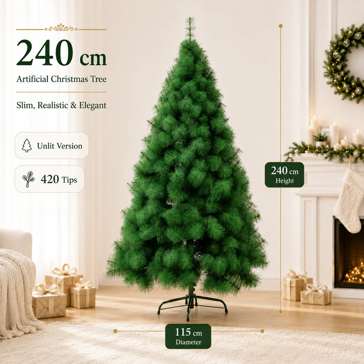 Artificial Pine Christmas Tree — 90 to 240cm, Bare or Pre-Lit