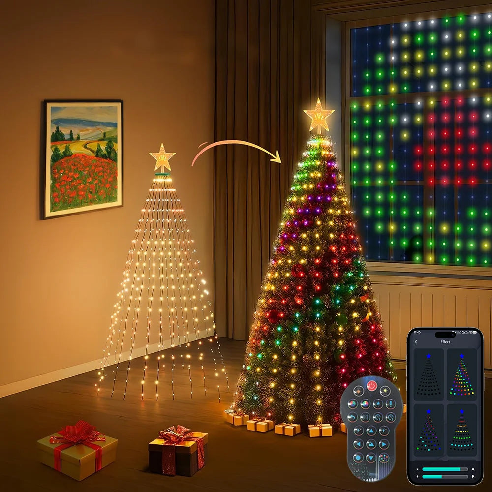 Star topper with colour LED strands lighting a Christmas tree in a living room, controlled from a phone
