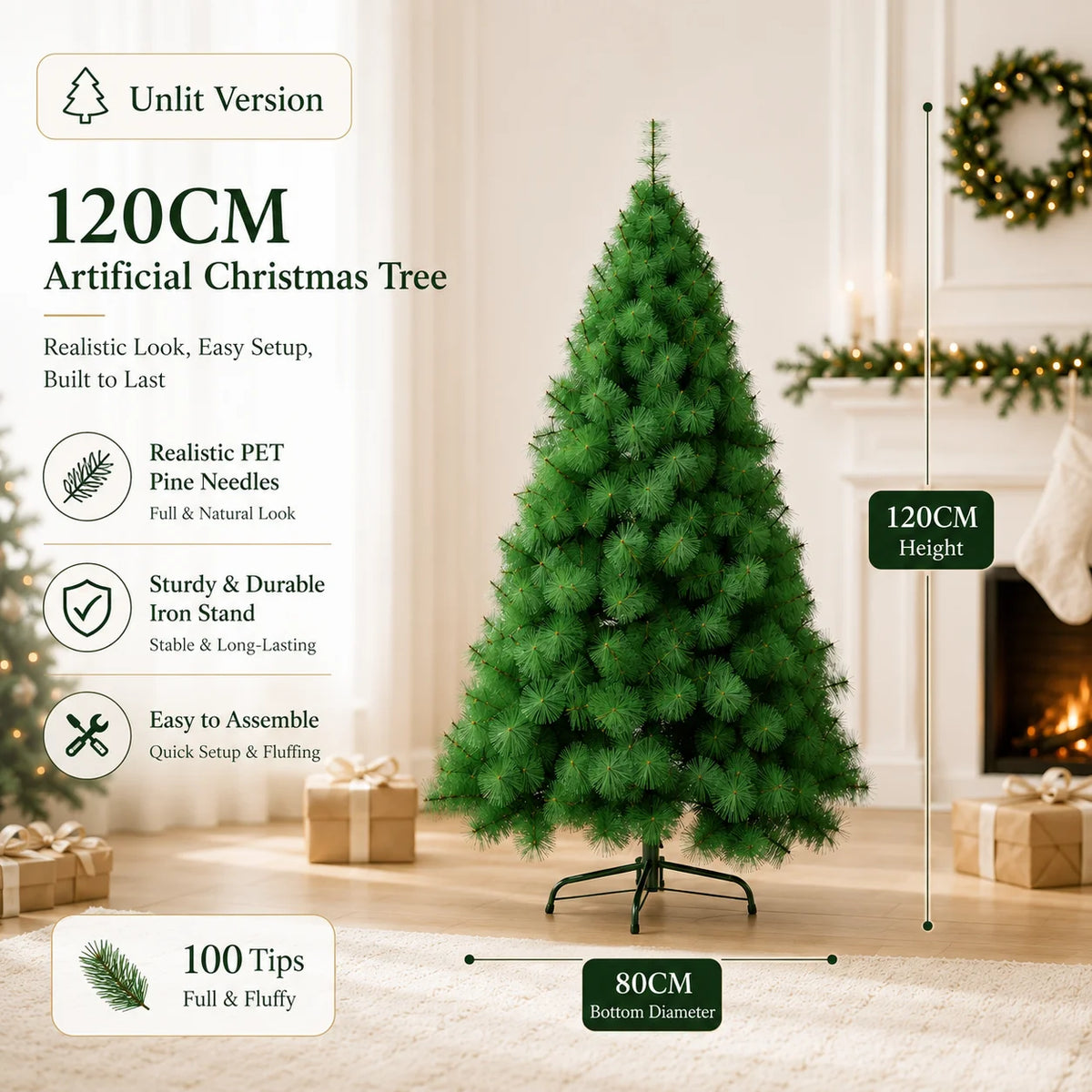 Artificial Pine Christmas Tree — 90 to 240cm, Bare or Pre-Lit
