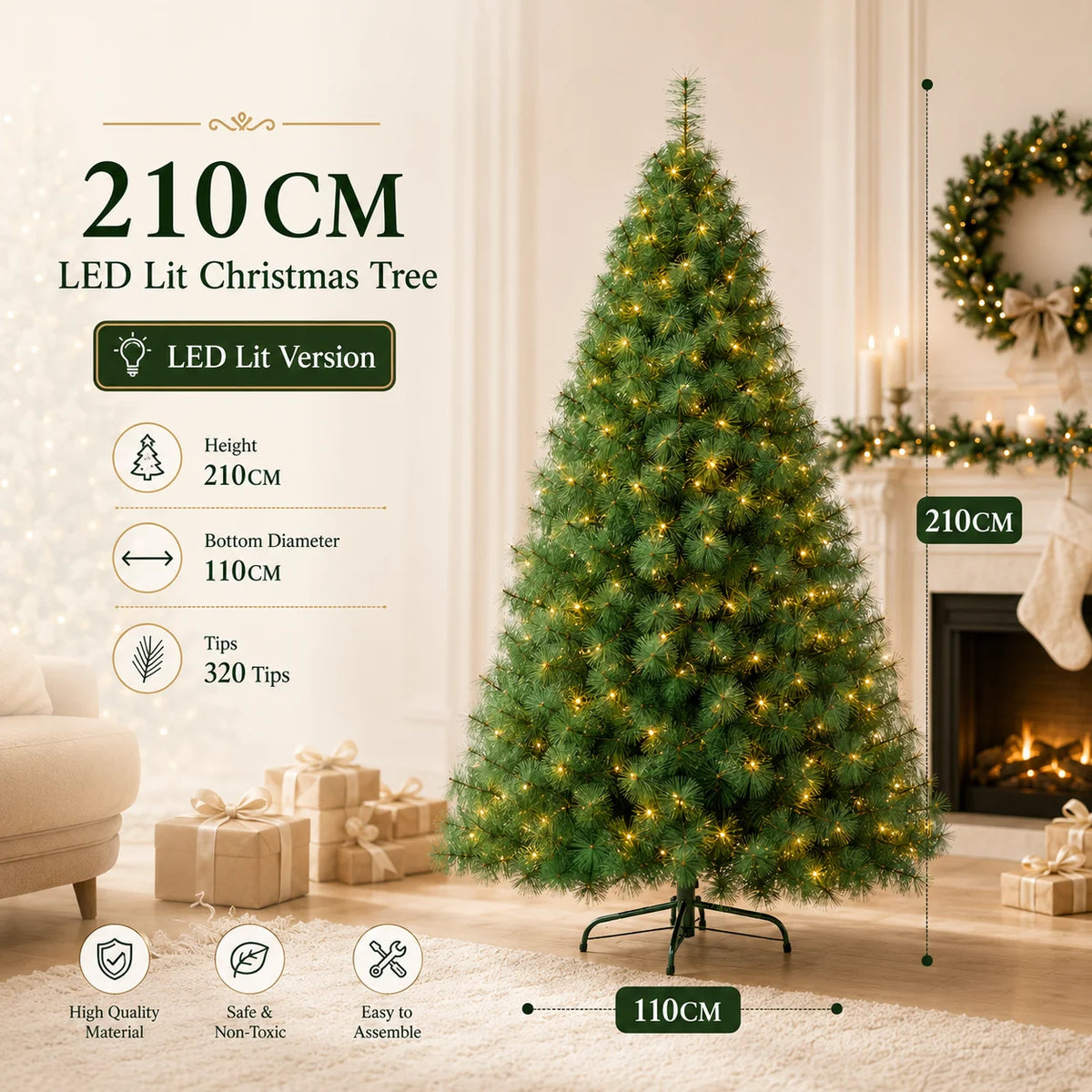 Artificial Pine Christmas Tree — 90 to 240cm, Bare or Pre-Lit