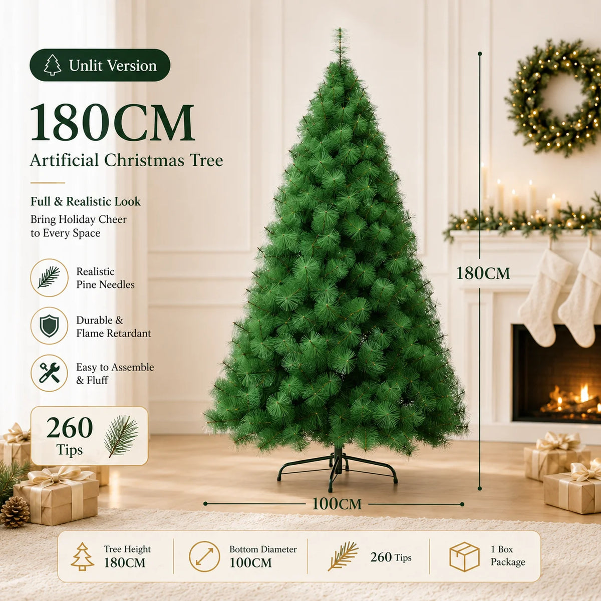 Artificial Pine Christmas Tree — 90 to 240cm, Bare or Pre-Lit