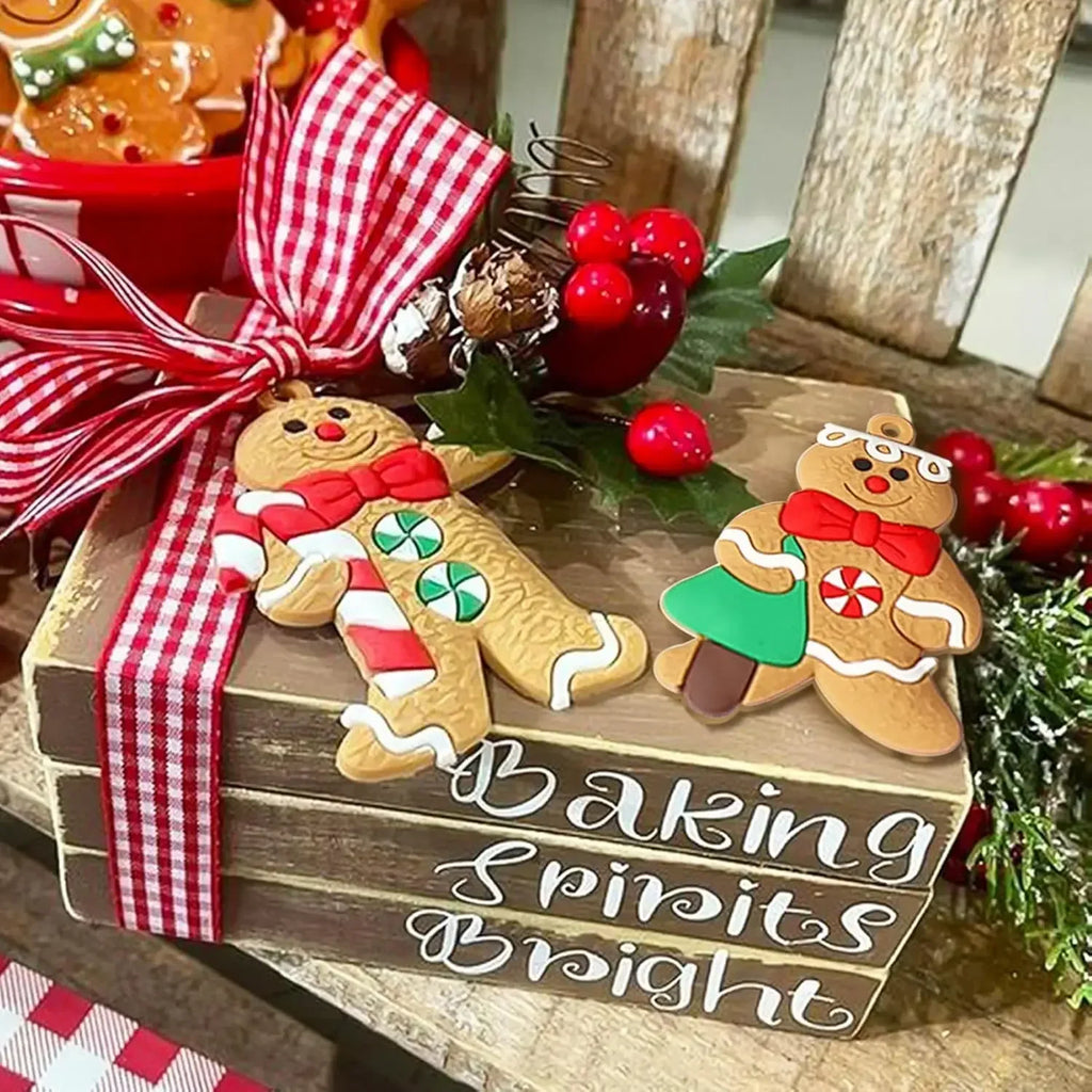 Gingerbread ornament hanging on a tree branch