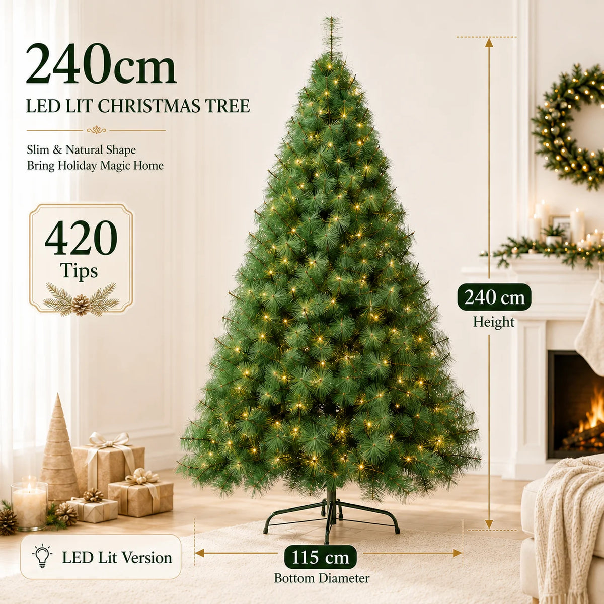 Artificial Pine Christmas Tree — 90 to 240cm, Bare or Pre-Lit