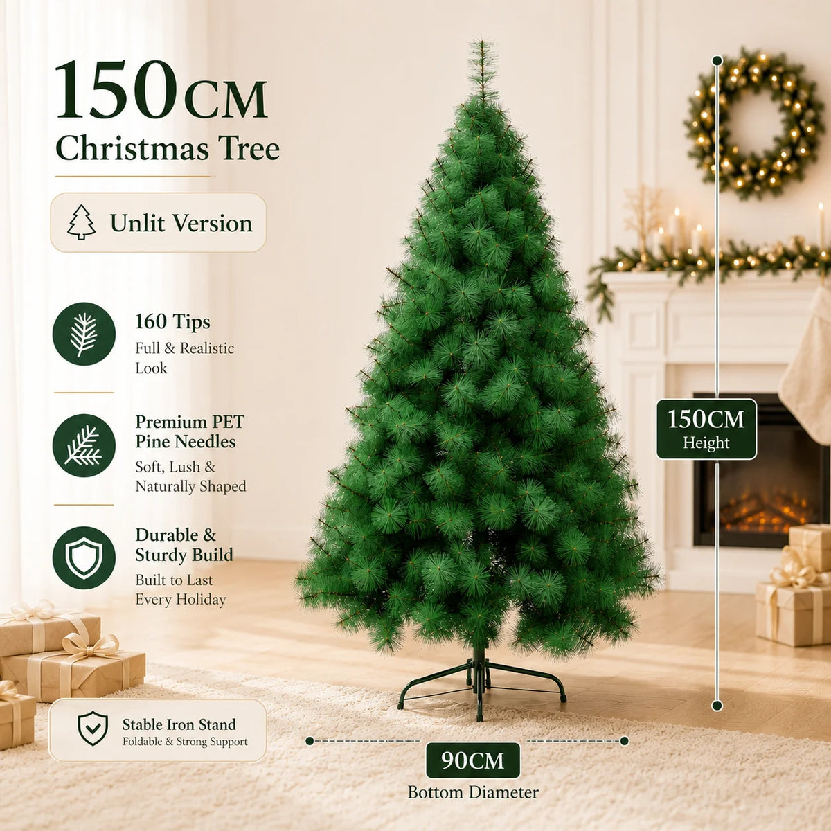 Artificial Pine Christmas Tree — 90 to 240cm, Bare or Pre-Lit