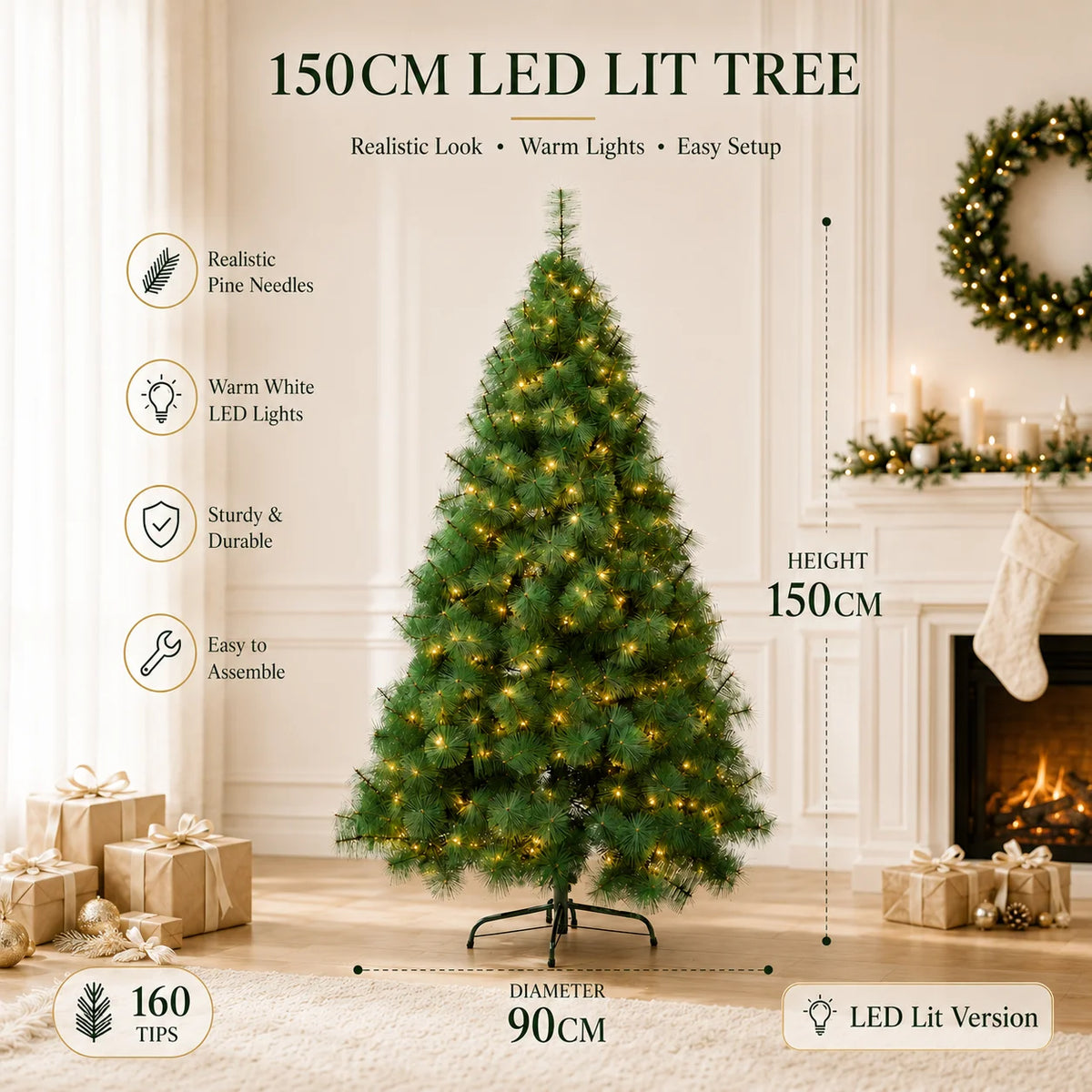 Artificial Pine Christmas Tree — 90 to 240cm, Bare or Pre-Lit