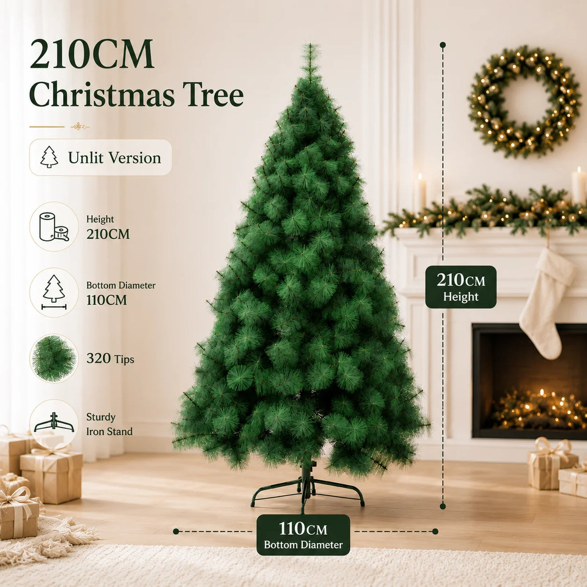 Artificial Pine Christmas Tree — 90 to 240cm, Bare or Pre-Lit