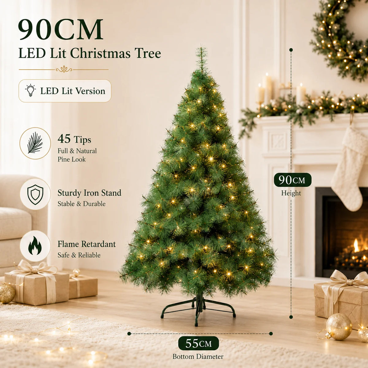 Artificial Pine Christmas Tree — 90 to 240cm, Bare or Pre-Lit