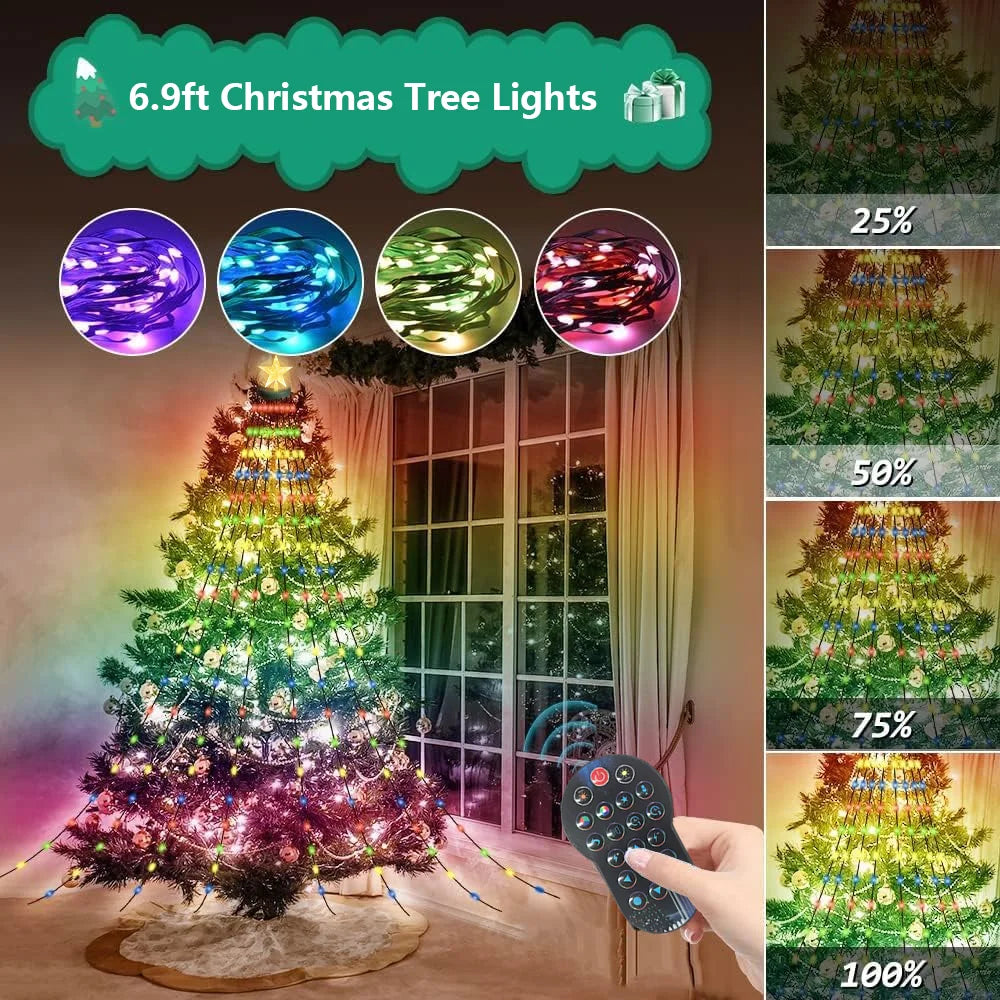 6.9ft Christmas tree with colour LED lights, showing four colour modes and brightness levels