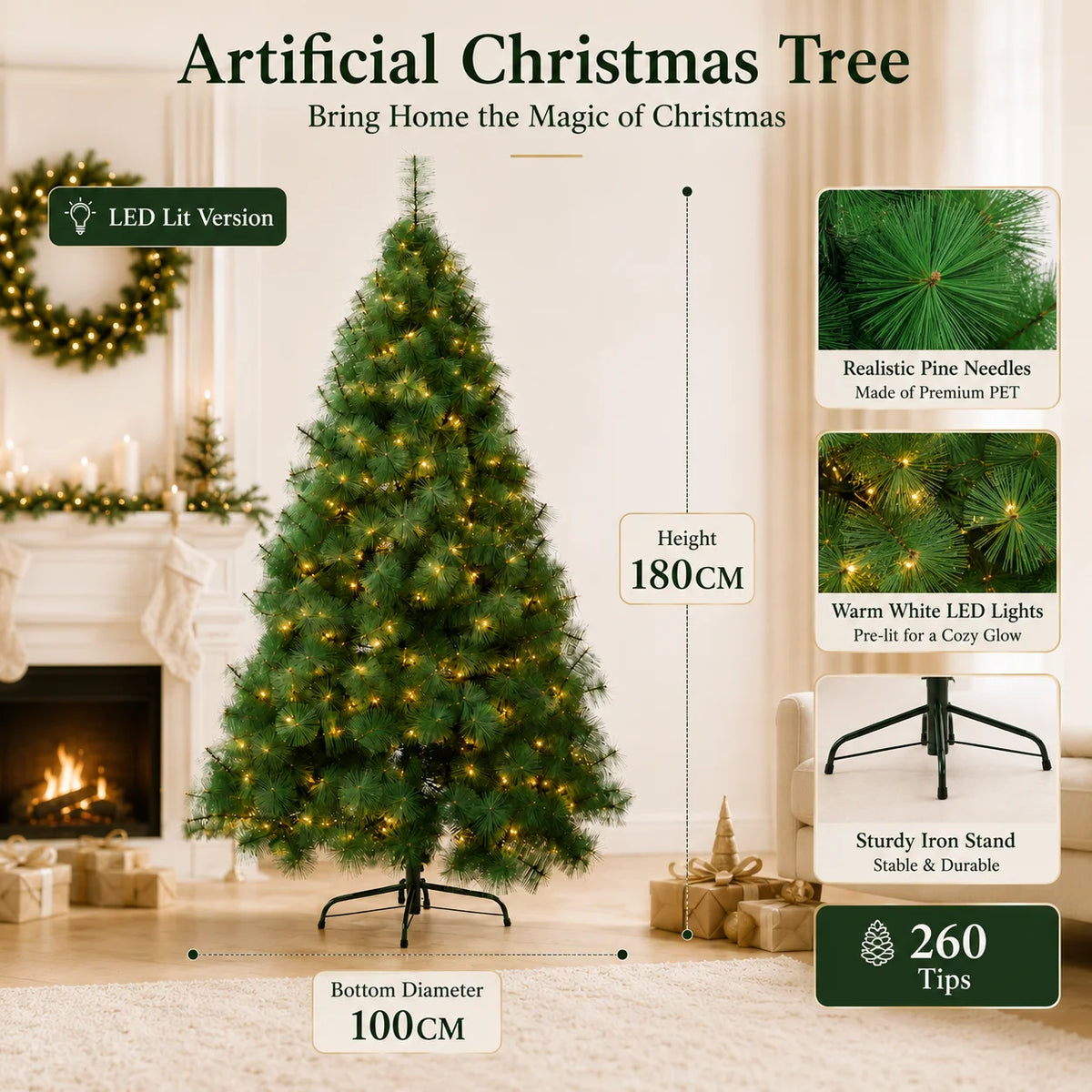 Artificial Pine Christmas Tree — 90 to 240cm, Bare or Pre-Lit