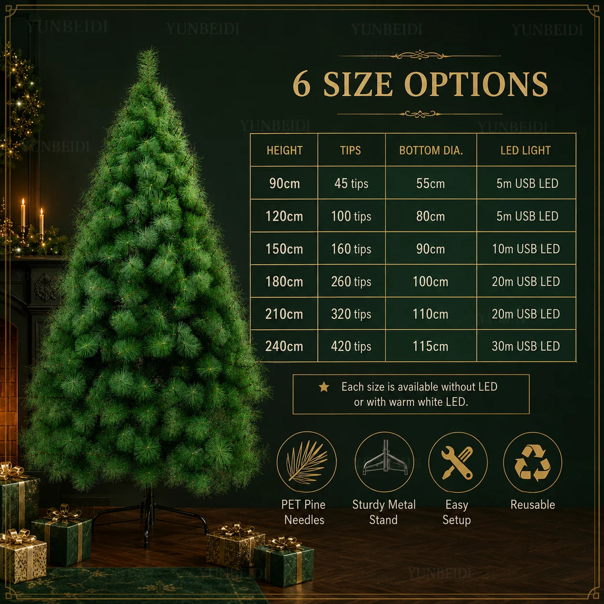 Artificial Pine Christmas Tree — 90 to 240cm, Bare or Pre-Lit