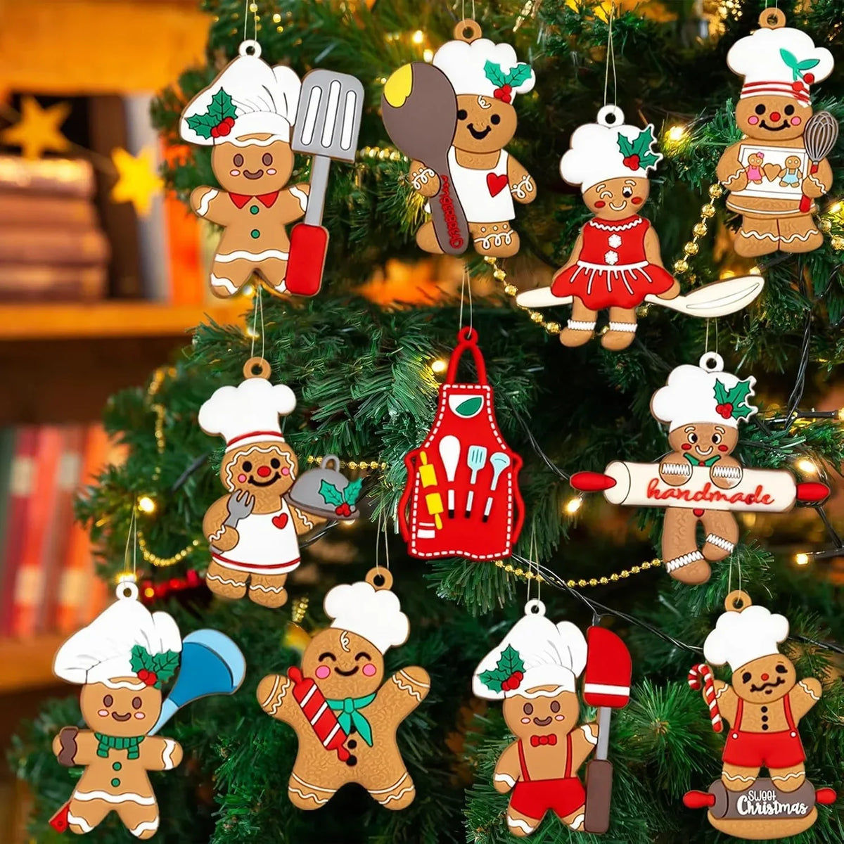 Gingerbread ornaments arranged on a Christmas tree