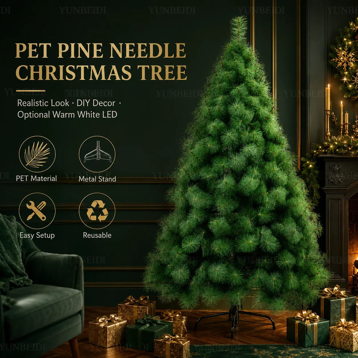 Artificial pine Christmas tree set with lights and ornaments