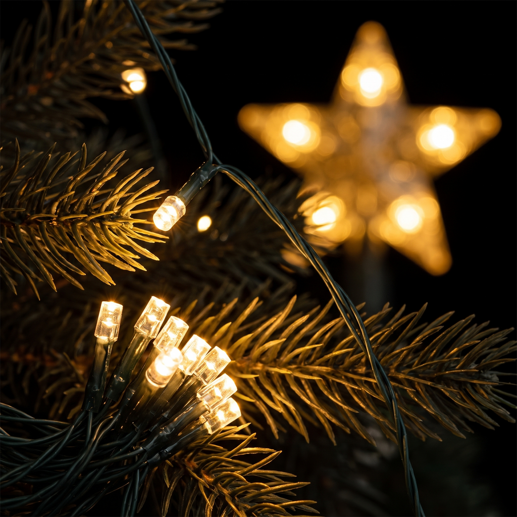 Close detail of the LED string lights draped over pine branches, bulbs glowing warm white