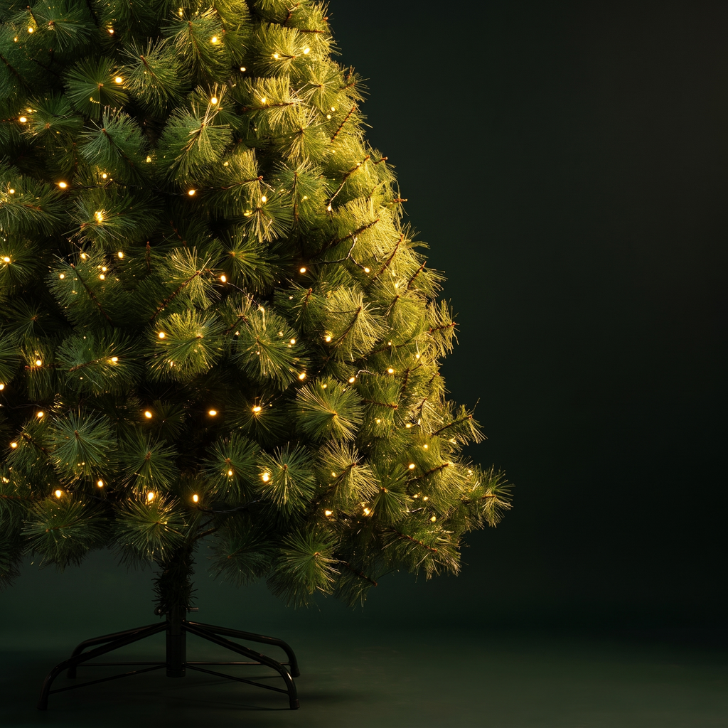 The pre-lit pine tree in a darkened room, warm white integrated lights glowing along the branches