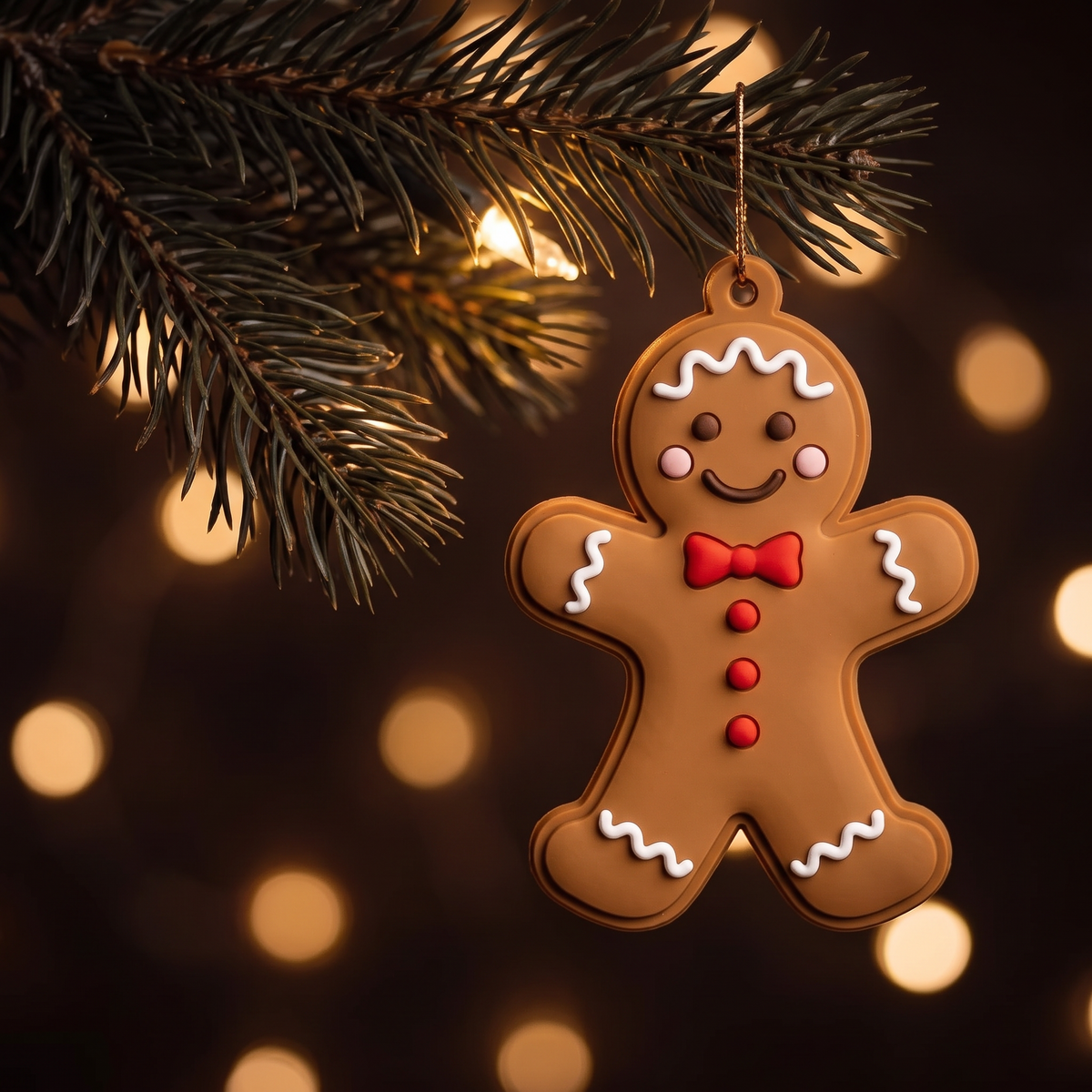 A gingerbread ornament from the set hanging on a lit pine branch