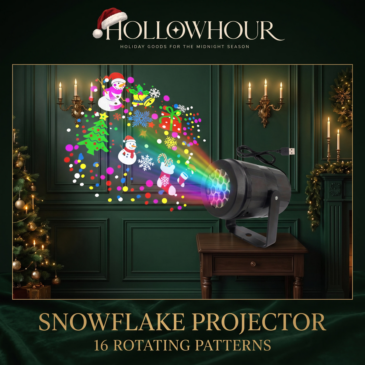 The snowflake Christmas projector on a side table, throwing snowflake, snowman and tree patterns across a dark green panelled wall