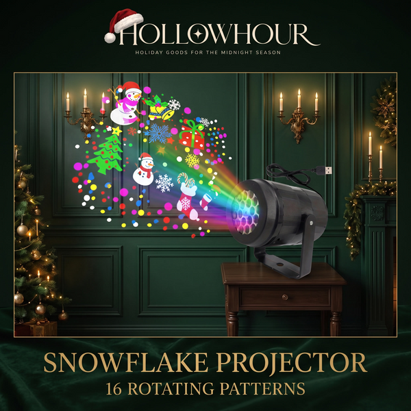 The snowflake Christmas projector on a side table, throwing snowflake, snowman and tree patterns across a dark green panelled wall