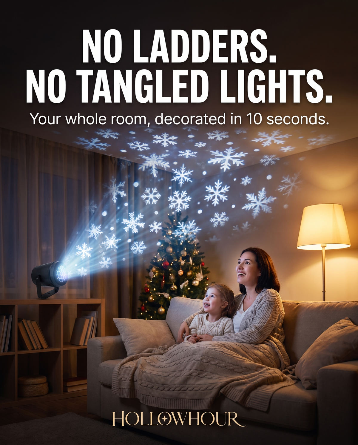 The projector filling a dark living room ceiling with snowflakes while a family watches from the sofa