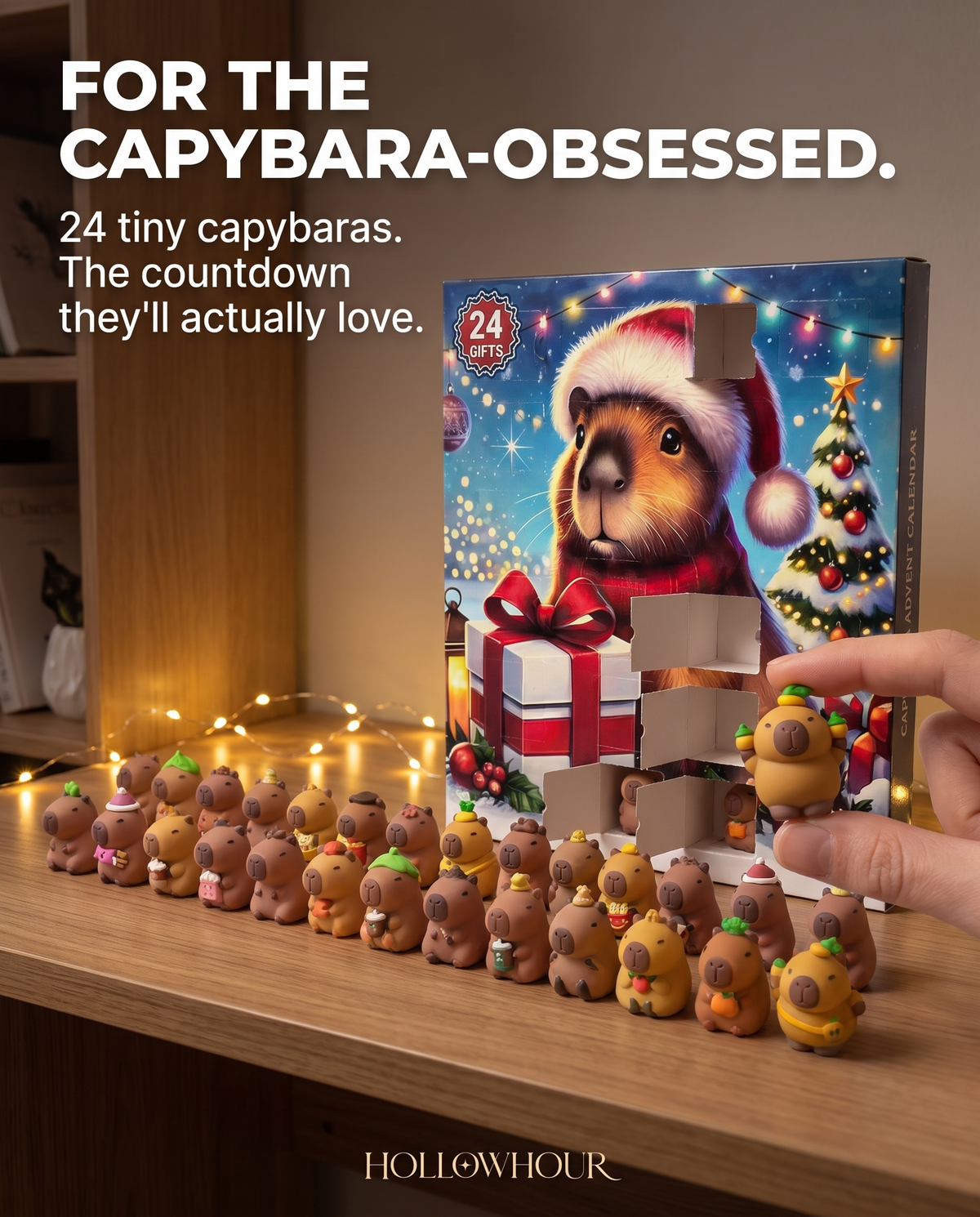 The capybara advent calendar on a desk with a row of collected capybara mini figures