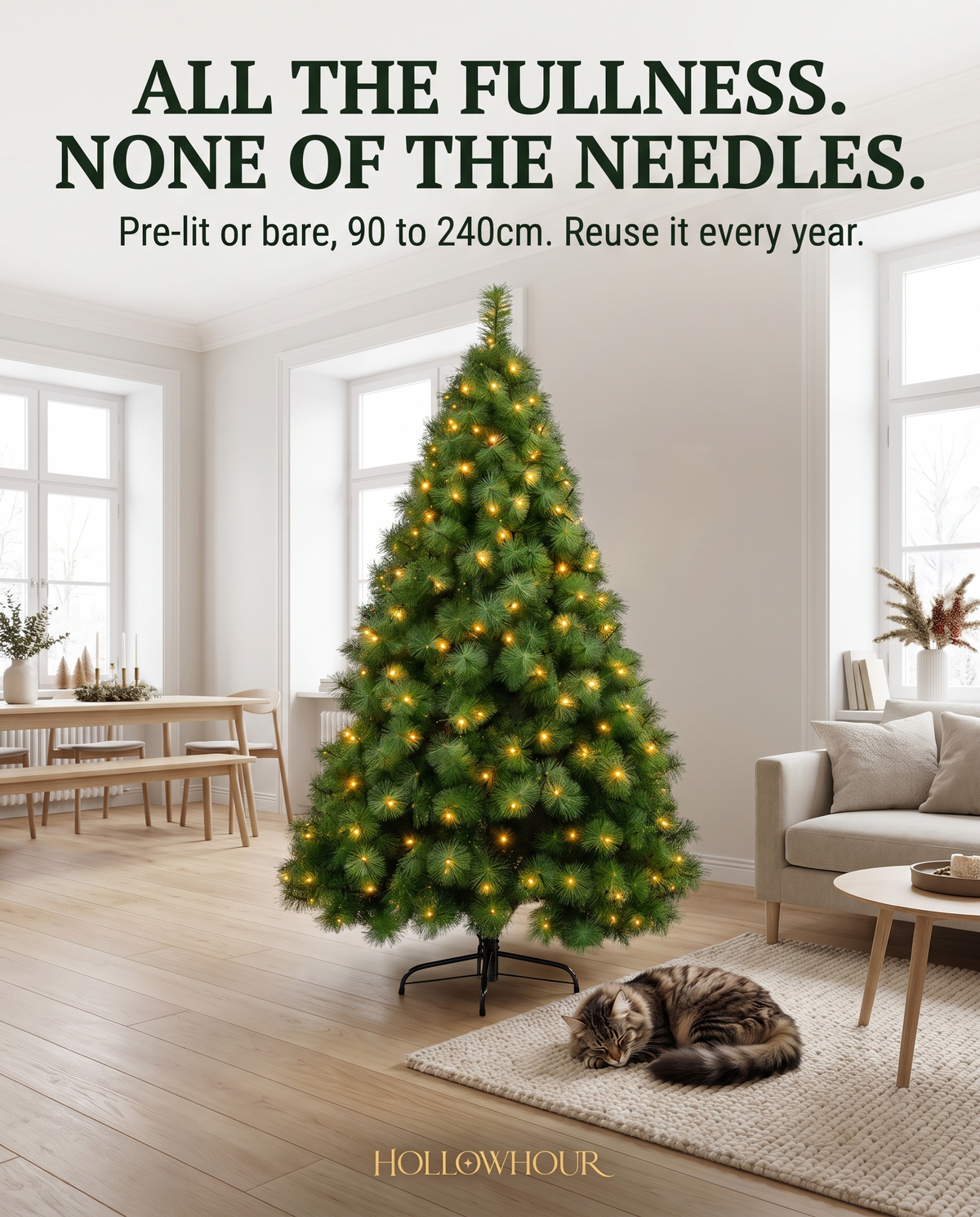 Full artificial pine tree with warm white lights in a bright living room, no fallen needles on the floor