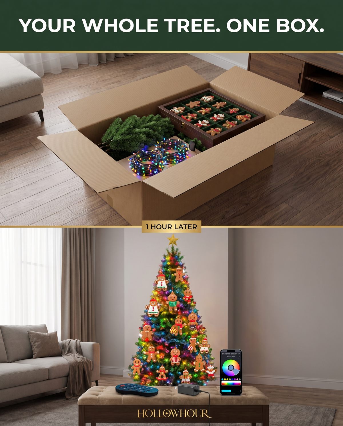 The tree set packed in one box, then the same corner with the finished decorated tree