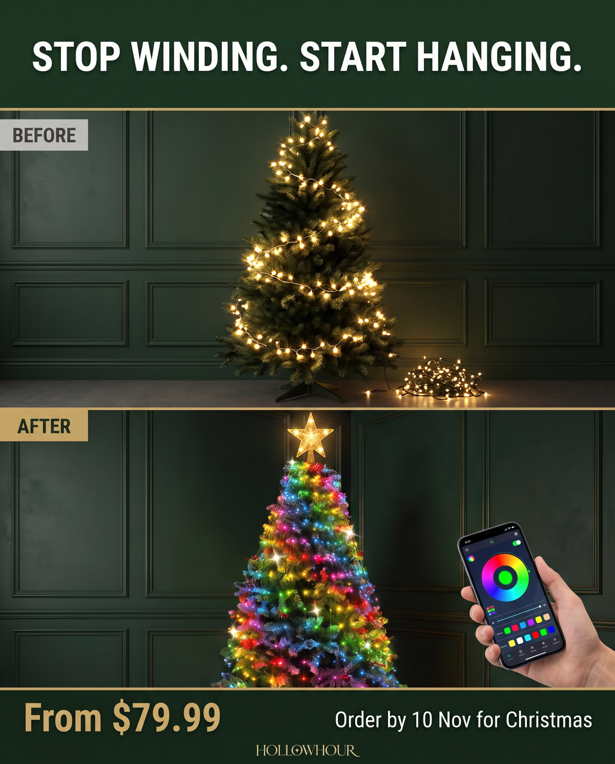 Before and after: lights wound unevenly around a tree, then the star lights hanging evenly from top to bottom