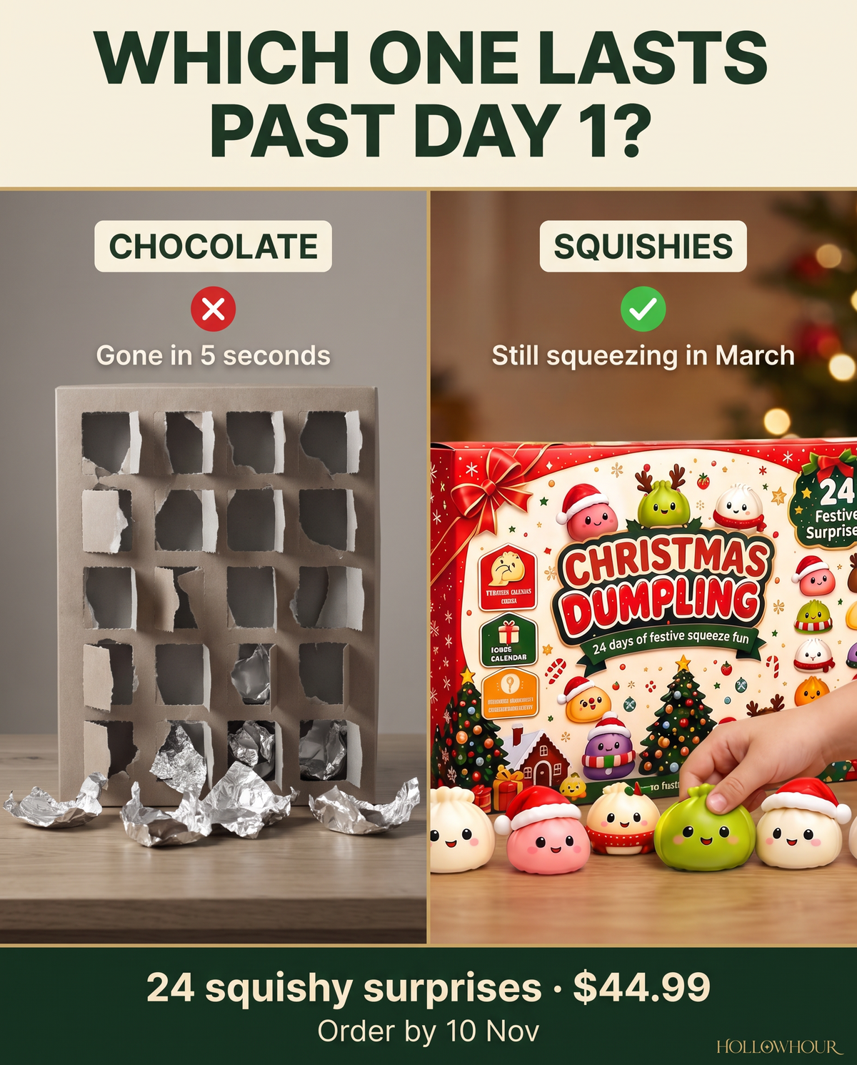 Comparison of an emptied chocolate advent calendar and the squishy advent calendar with its collected squishies