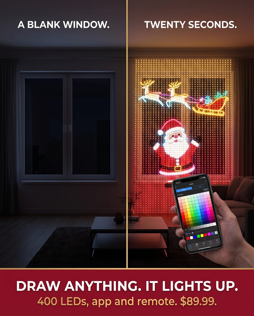 Before and after: a bare dark window, and the same window covered by the lit LED curtain, controlled from a phone