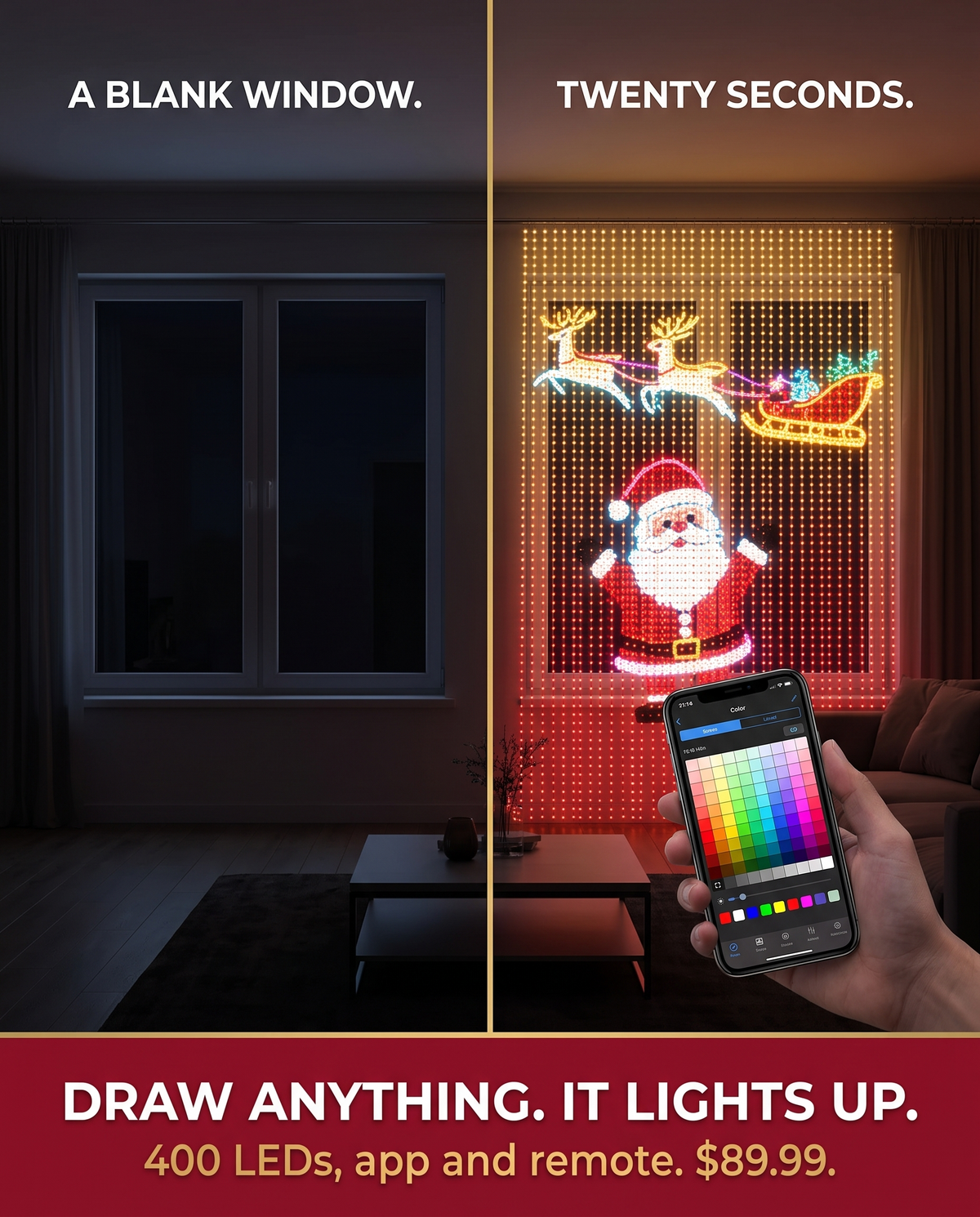 Before and after: a bare dark window, and the same window covered by the lit LED curtain, controlled from a phone