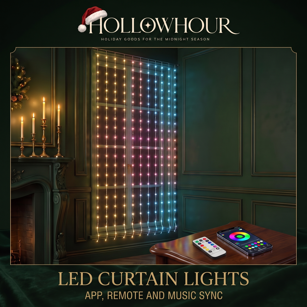 LED curtain lights glowing in a rainbow gradient across a window in a dark green panelled room, with the app and remote on a side table