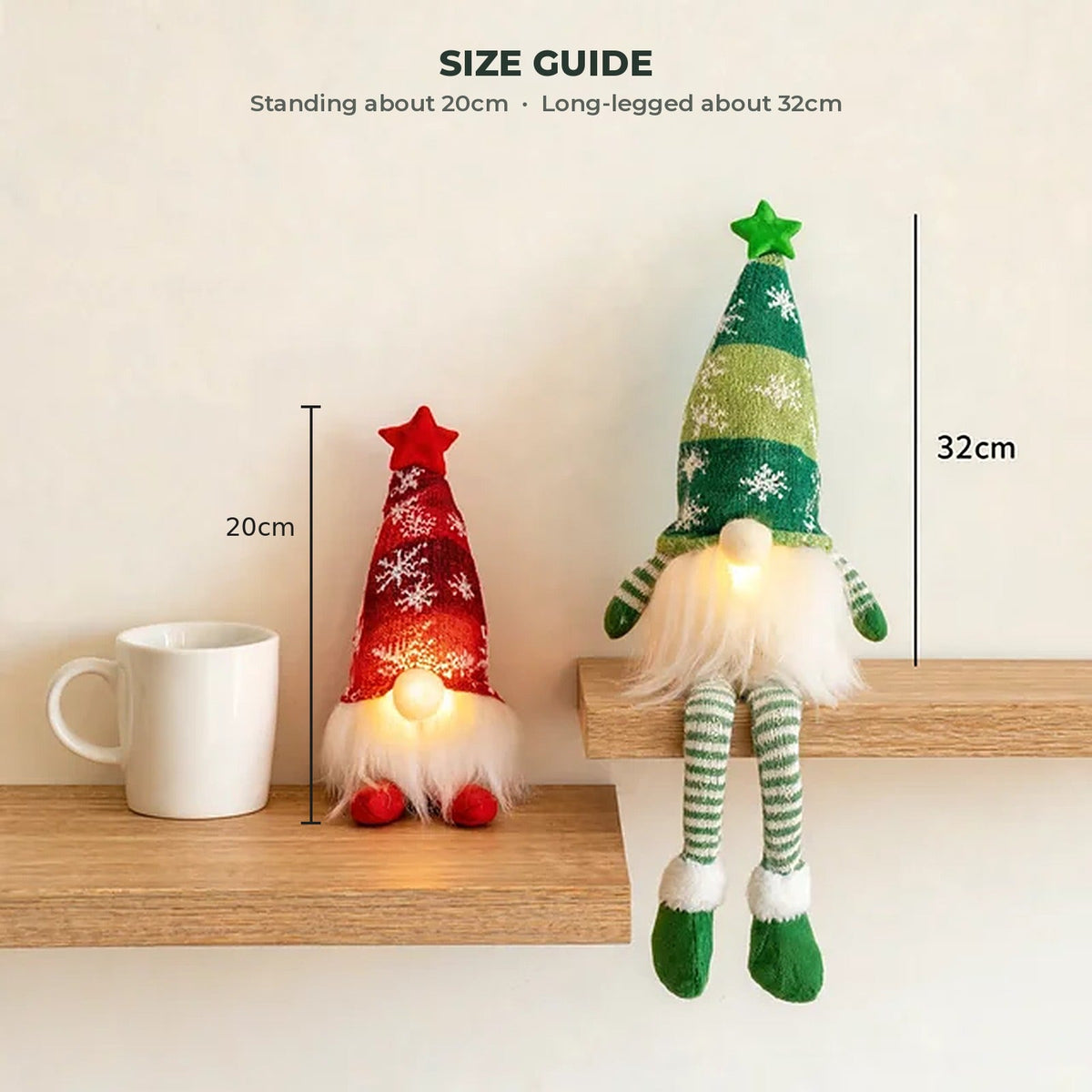 Gnome size guide: the standing gnome is about 20cm and the long-legged gnome about 32cm, shown next to a coffee mug