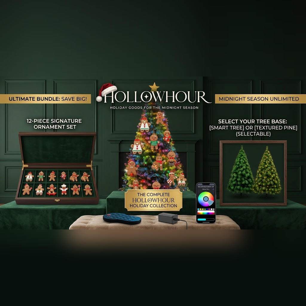 The complete HollowHour holiday collection: a decorated tree, a twelve-piece gingerbread ornament set in a presentation case, and a choice of tree base