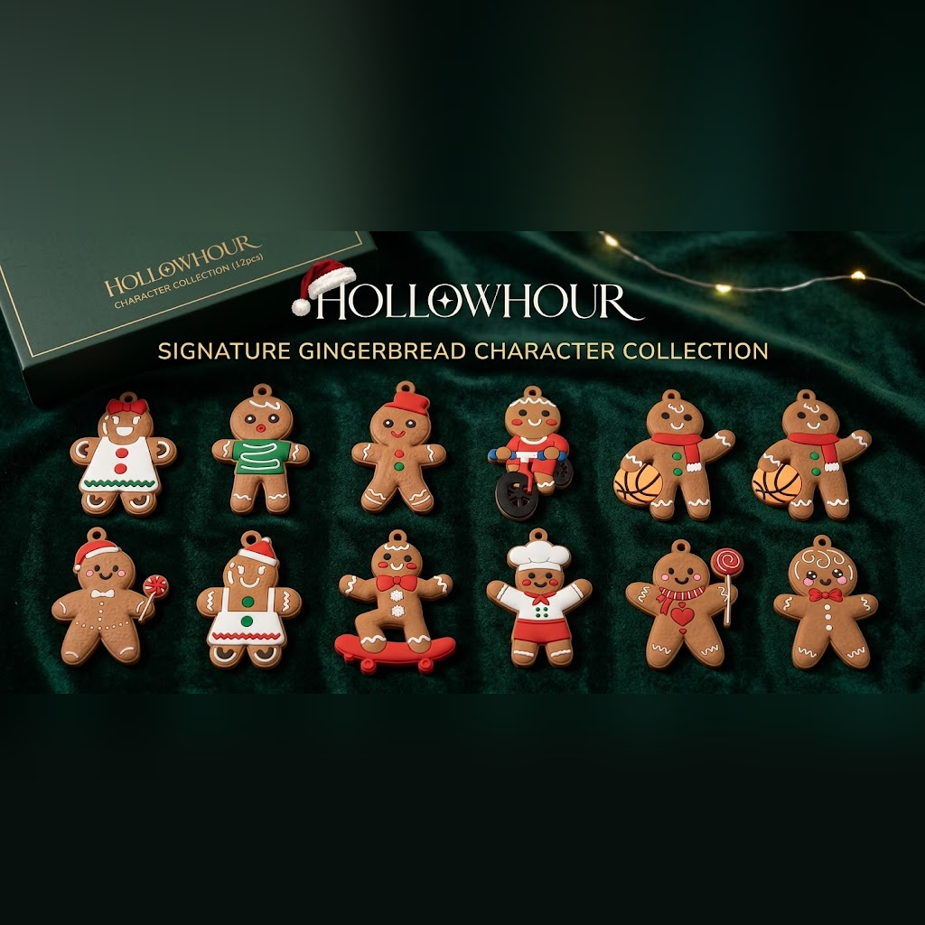 The HollowHour signature gingerbread character collection, twelve ornaments laid out on green velvet