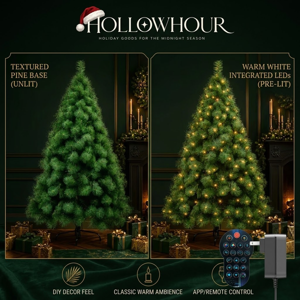 Textured pine tree base unlit, beside the same tree with warm white integrated LEDs