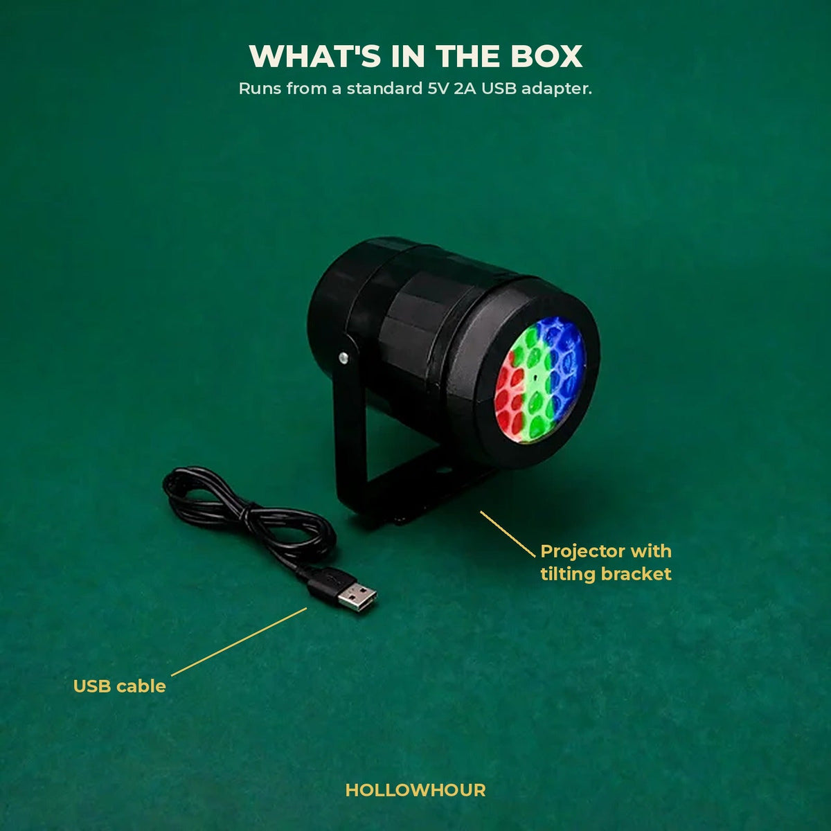 What is in the box: the projector on its tilting bracket and a USB cable