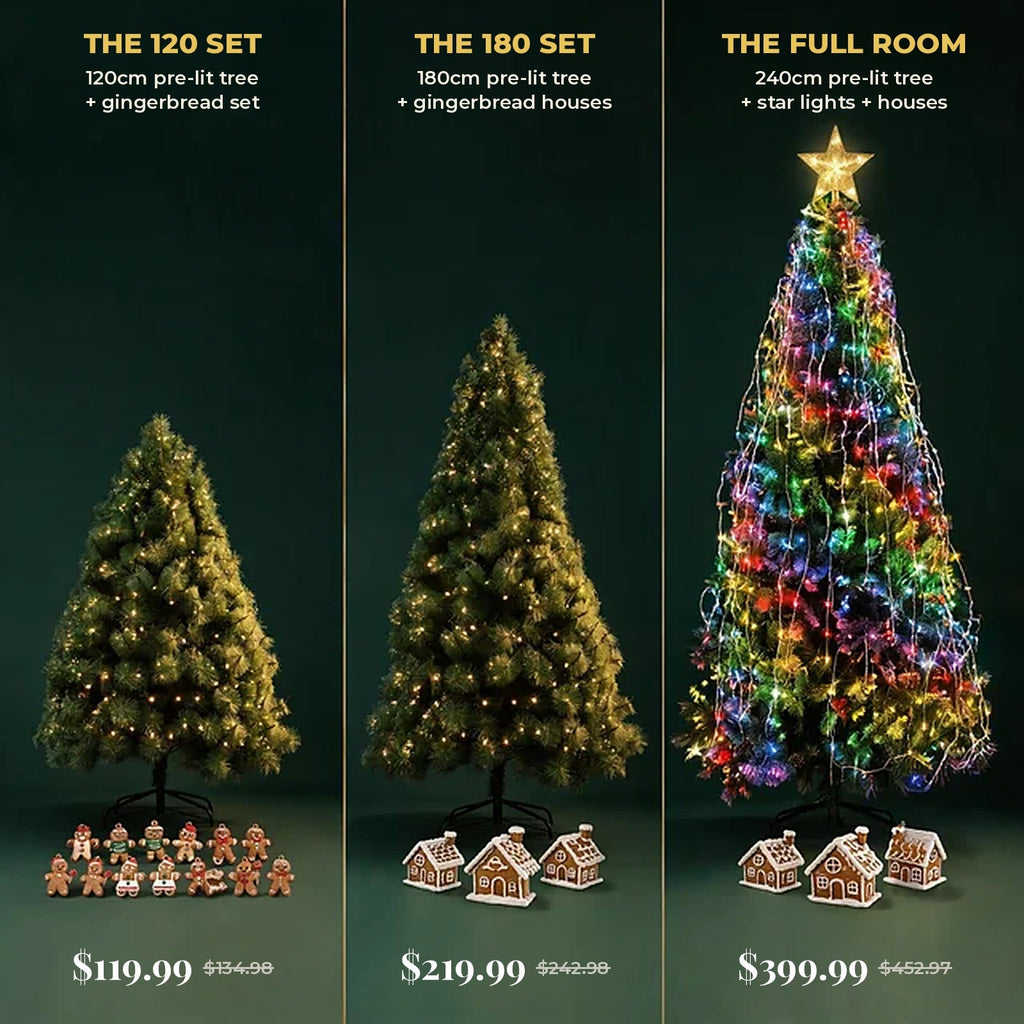 The three tree sets compared: The 120 Set $119.99, The 180 Set $219.99 and The Full Room $399.99, with what each includes